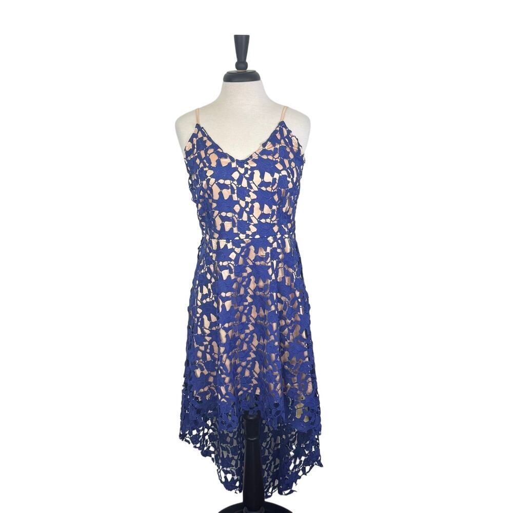 NEW Ashir Aley Royal Blue Cut Out Lace over Nude V-Neck Hi-Lo Dress Women's Sz L